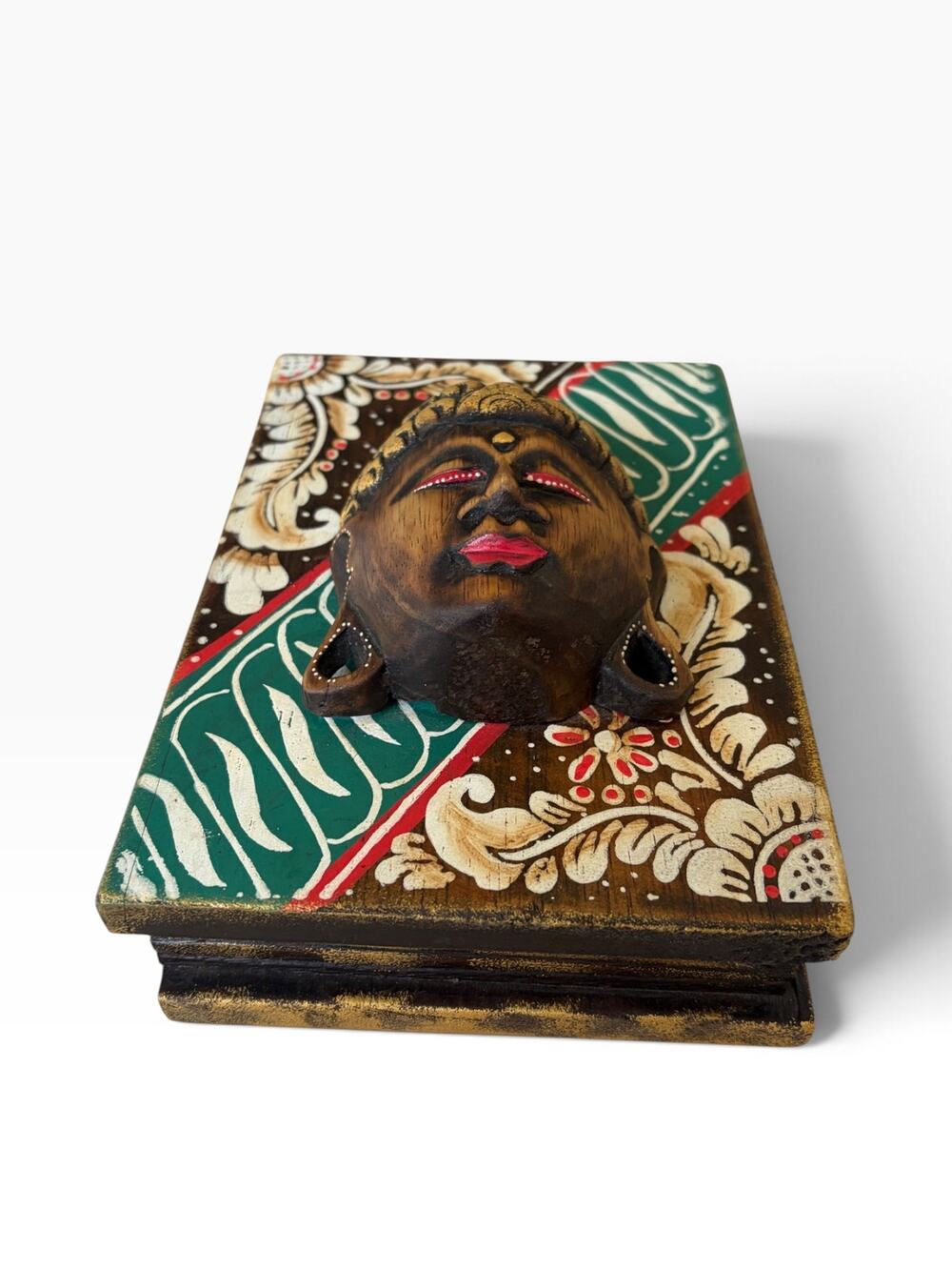 Vtg Balinese hand-carved wood box featuring a detailed mask face & batik trim